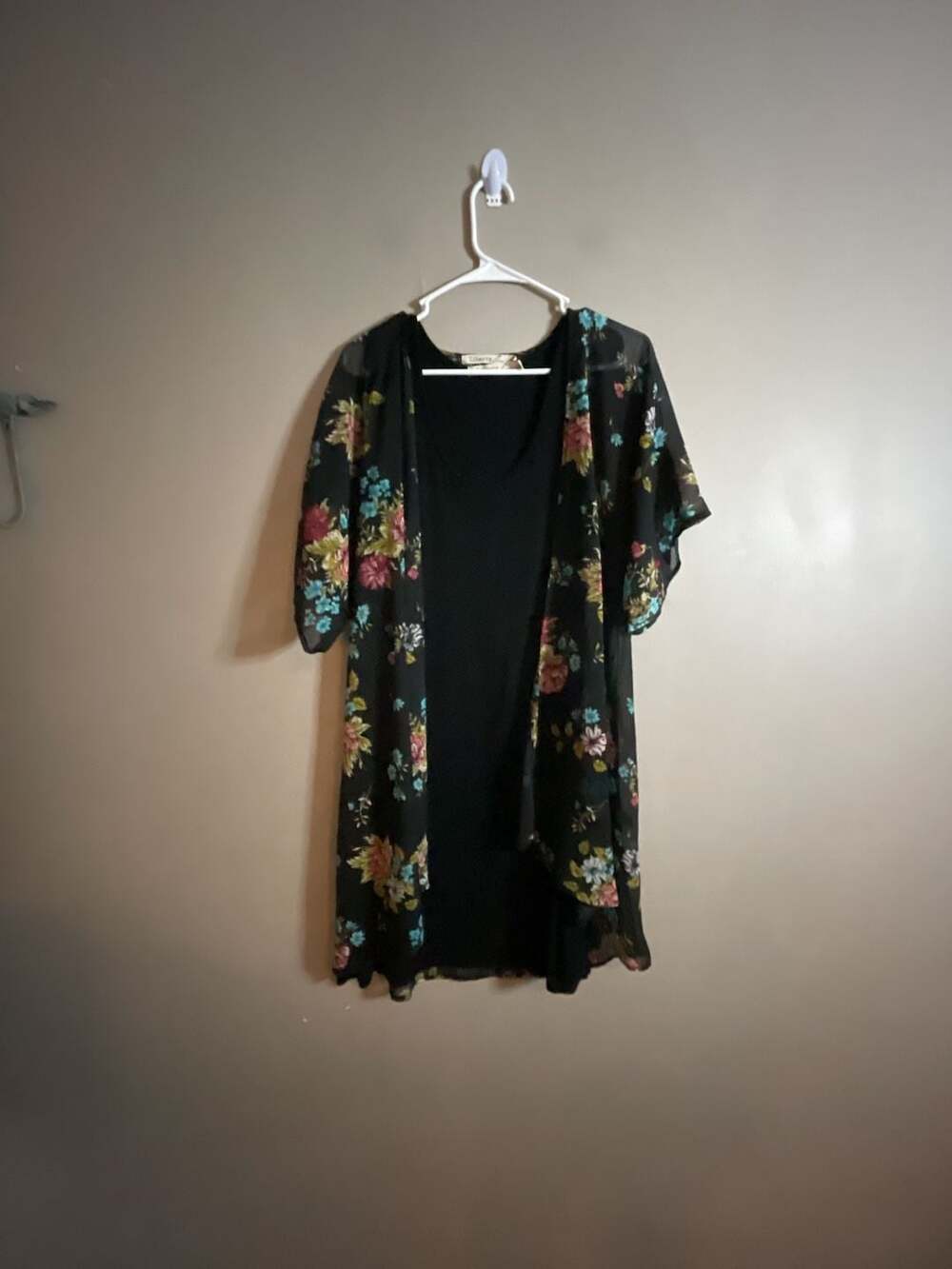 Liberty Love Women's Floral Sheer Kimono Cover-Up with black sleeveless dress